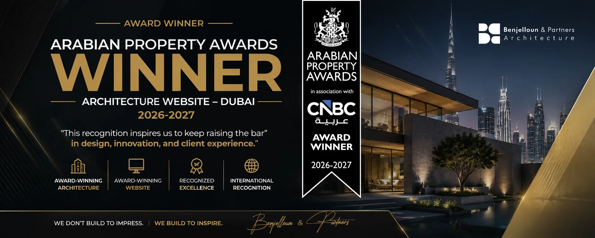 Award winner: Arabian Property Awards 2026-2027, Architecture Website, Dubai. Benjelloun & Partners Architecture.